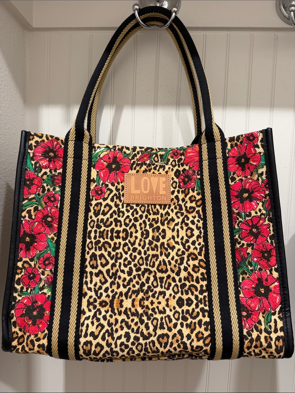 Brighton Leopard Tote with Pink Floral Side Panels